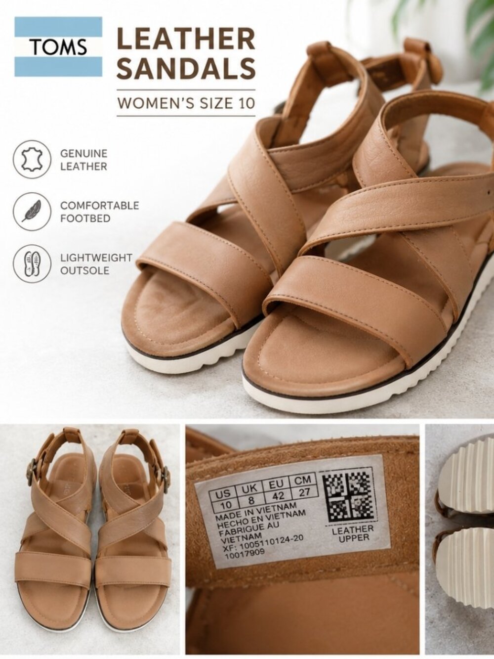 TOMS Leather Sandals Tan Brown Women's Size 10